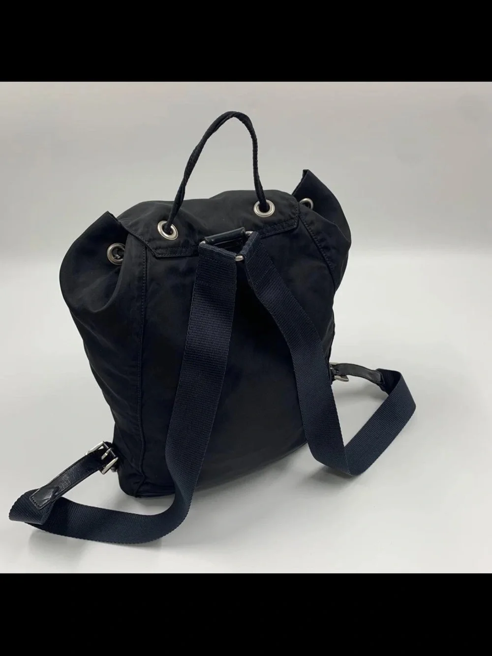 Prada Black Nylon Drawstring Flap Backpack with Buckle
